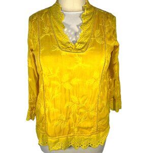 Soft Surroundings Tunic Top Womens Size L Yellow Embroidered V-Neck Long Sleeve